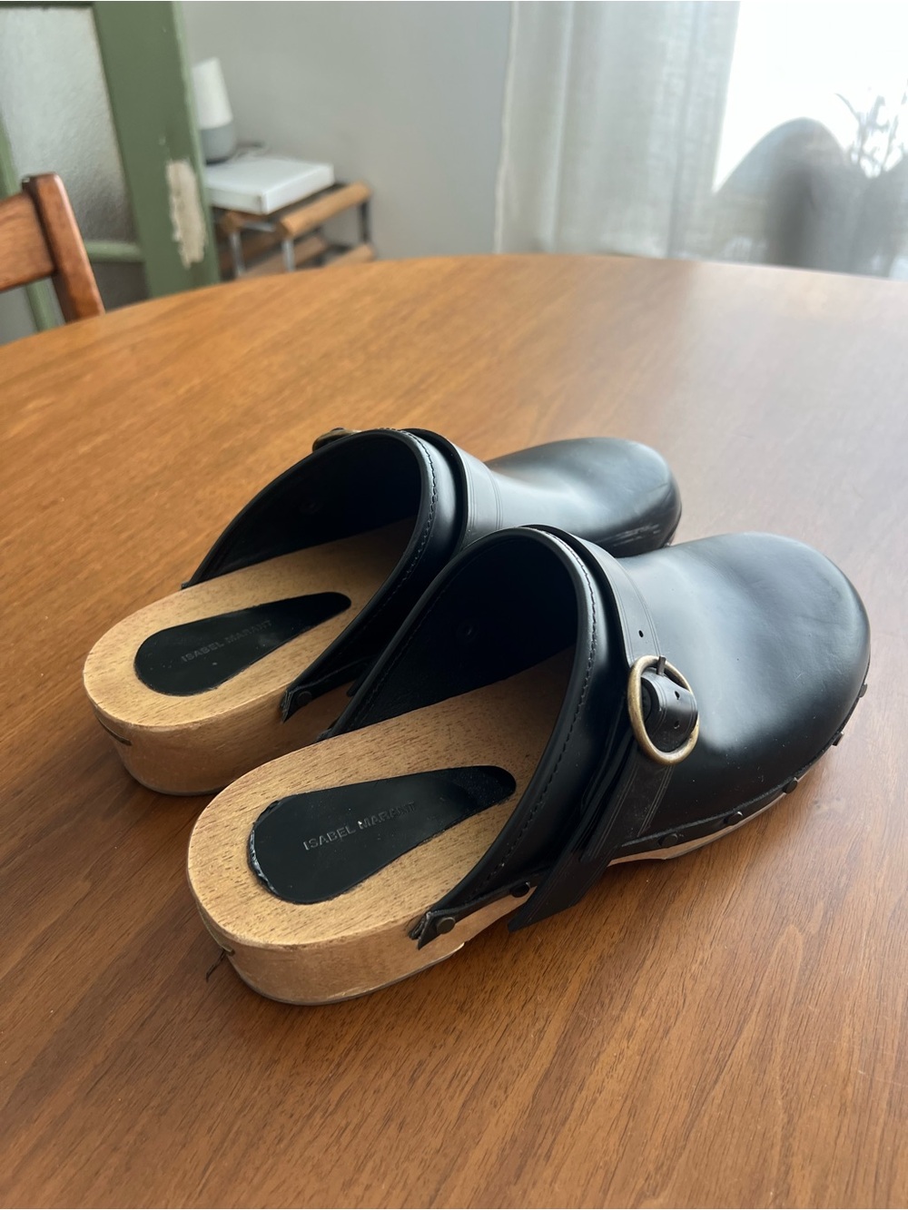 Isabel Marant Black Leather Buckle Clogs with Wood Sole